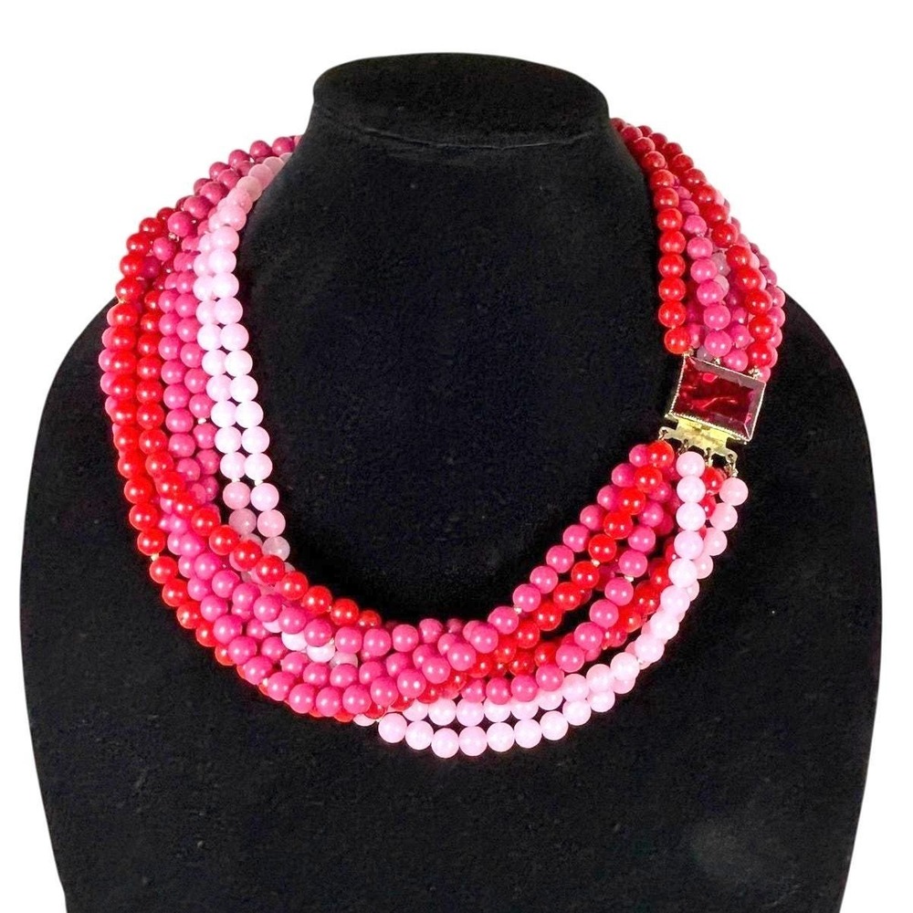 Hattie Carnegie Vintage Pink Red Glass Bead Statement Necklace‎ 1950s Signed